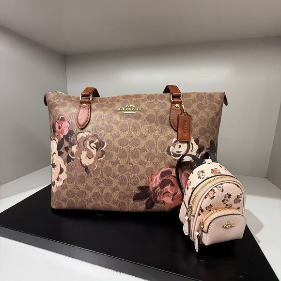 Coach CAA68 Mini Court Backpack Bag Charm With Rosette Print Gold/Blush Multi - Picture 8 of 9